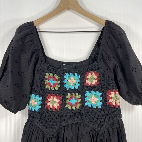 NWT Asos Black Mini Dress Granny Square Crochet Bodice Puff Sleeve Womens 0‎ - Picture 2 of 11